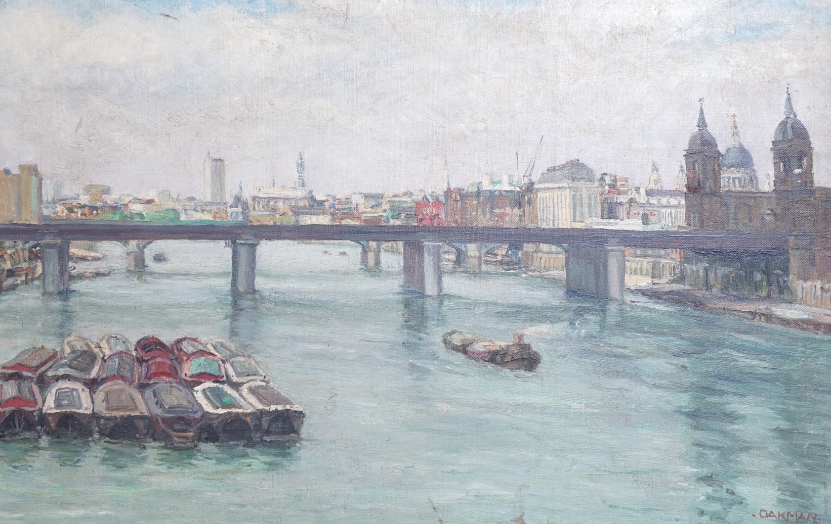 Jill Oakman, oil on canvas, Cannon Street Bridge and City from London Bridge, signed, 29 x 44cm